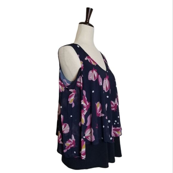 Ellen Tracy Navy Blue Floral Cold Shoulder Double V-neck Layer Blouse Size S - Picture 2 of 8
